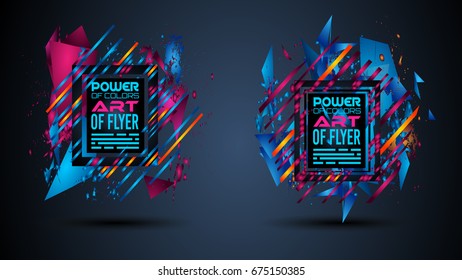Futuristic Frame Art Design with Abstract shapes and drops of colors behind the space for text. Modern Artistic flyer or party thai background.