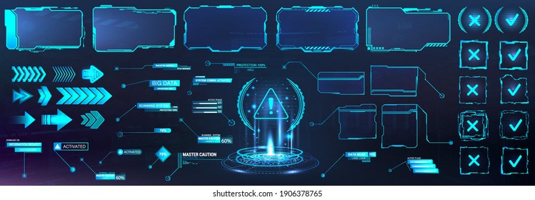 Futuristic frame border in HUD style for GUI, UI, UX and Web design. Callouts, arrows, labels, information call box bars, arrows and frame screen. Futuristic User Interface layout template. HUD set