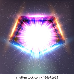 Futuristic frame with glowing rays, colorful light effects and bright background. Vector technology background