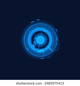 Futuristic frame, touch effect. Vector digital round circuit border on dark. Illustration of virtual electronic target screen. Radar or scanner dashboard display. Glowing sci-fi HUD circles