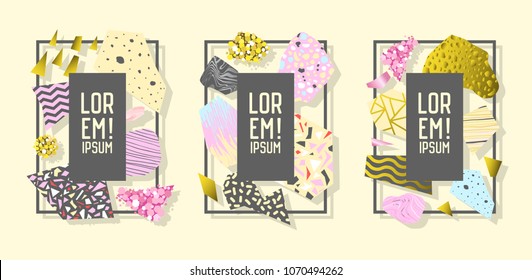 Futuristic Frames with Abstract Geometric Golden Elements. Modern Art Graphics for Flyers, Posters, Banners, Placards, Brochures with Place for Text. Vector illustration