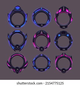 Futuristic frames of black metal border for avatar in game interface with level or grade. Vector cartoon set of gui elements in sci fi style, empty frames with blue and pink glow