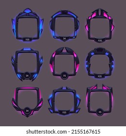 Futuristic frames of black metal border for avatar in game interface with level or grade. Vector cartoon set of gui elements in sci fi style, empty frames with blue and pink glow