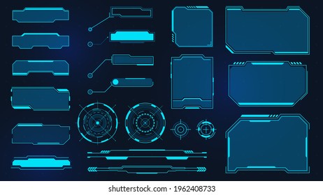 Futuristic frames. Cyberpunk HUD square screen, callout, title and radar. Digital info box and sci fi UI panel. Virtual interface vector set with panels and hologram window or display