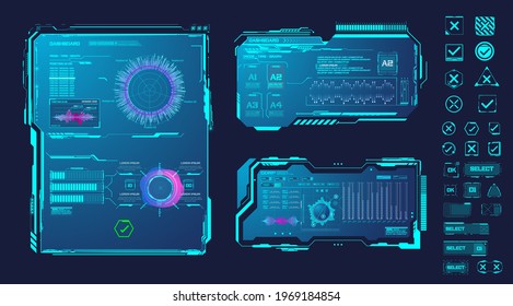 Futuristische Rahmen. Cyberpunk-HUD-Quadrat-Bildschirm. Digitale futuristische Hüttenschnittstellen, Hologramm High-Tech-Bildschirm, moderne Schnittstelle. Hologramm für die Aufmerksamkeitsschnittstelle zur Verwaltung des Spielraums. GUI, Benutzeroberfläche