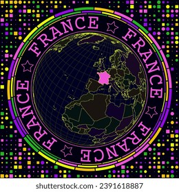 Futuristic France on globe. Bright neon satellite view of the world centered on France. Geographical illustration with shape of country and geometric background. Awesome vector illustration.