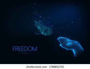 Futuristic freedom, tranquility, spirituality concept with glowing low polygonal hand and flying butterfly isolated on dark blue background. Modern wire frame mesh design vector illustration. 