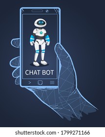 Ciborg futurista amistoso sonriente en la pantalla del smartphone con la mano de línea punteada ciberpolígonal. El robot de chat inteligente cibernético de inteligencia artificial de alta tecnología. Hitech desarrolló un humanoide. Fondo azul oscuro