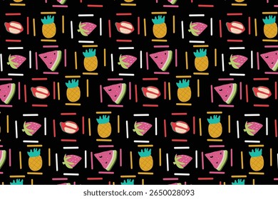 Futuristic fruit chaos in neon hues, designed for statement fabrics and event decor.