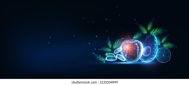 Futuristic fruits and vegetables banner with glowing low polygonal isolated on dark blue background.