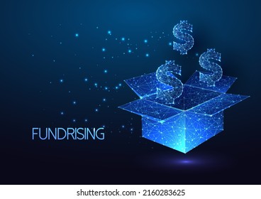 Futuristic fundraising, crowd funding concept with glowing low polygonal open box and dollar symbol