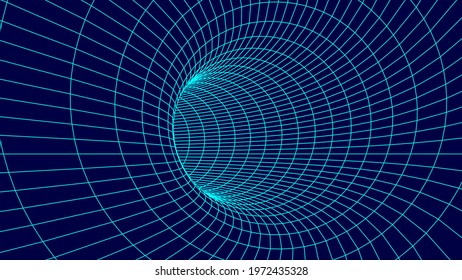 Futuristic funnel. Wireframe space travel tunnel. Abstract blue wormhole with surface warp. Vector illustration.