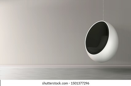 Futuristic furniture for modern house, apartment or office interior design 3d realistic vector background. Empty room with hanging on metal chain from ceiling, comfortable white egg chair illustration