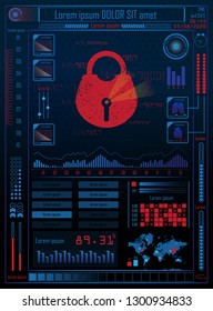 Futuristic future sci fi cyber security hud with internet technology and business interface background with map, lock. Infographic data. Head-Up Display, HUD. Vector. 