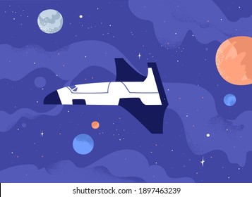 Futuristic galactic spaceship flying in open space among planets and stars. Cosmos exploration concept. Touristic spacecraft in starry universe. Colorful flat textured vector illustration