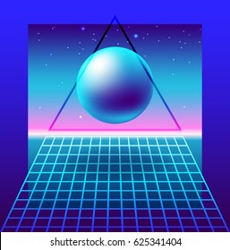 futuristic galaxy background with a blue ball, stars in space and a checkered perspective, retro vintage 80s or 90s geometric style vector illustration