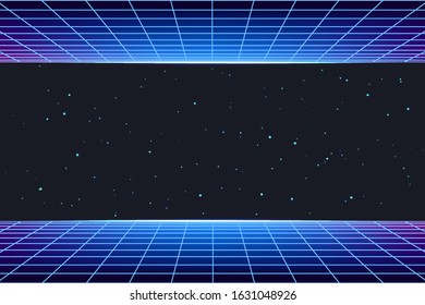 Futuristic galaxy background with neon laser grid. Abstract night sky with stars and glow. Wallpaper for hackathon, vaporwave and retrowave party, music poster. Illustration in retro cosmic style