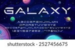 Futuristic galaxy font, dynamic type and space typeface, vector modern tech alphabet. Galaxy font or space fantasy letters type for futuristic spaceship or extraterrestrial spaceflight alphabet