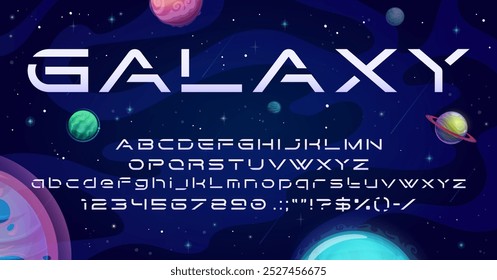 Futuristic galaxy font, dynamic type and space typeface, vector modern tech alphabet. Galaxy font or space fantasy letters type for futuristic spaceship or extraterrestrial spaceflight alphabet