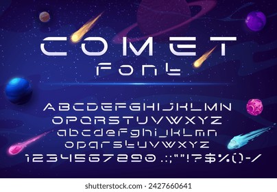 Futuristic galaxy font, space typeface, modern tech type, english dynamic alphabet letters and numbers on space sky vector background with planets. Modern technology abc font with capital characters