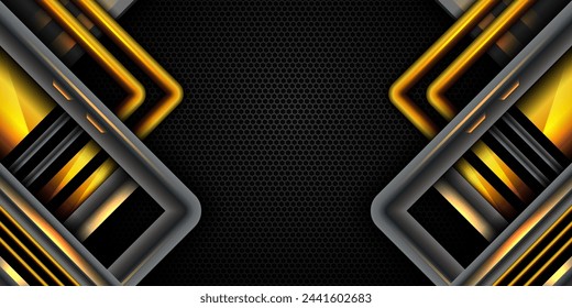Banner de juego futurista con fondo oscuro hexagonal de malla de metal para jugadores y reproductores de streaming