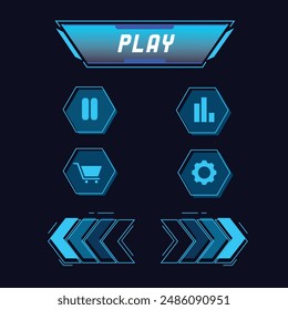 Futuristic game button set template with a blue dominance color and a sci-fi style.