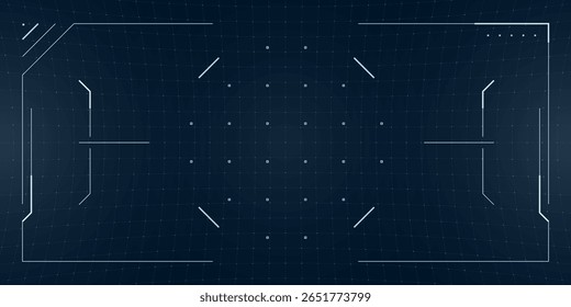 Futuristic game HUD with holographic scope and aim reticle over a VR blueprint. Glowing digital screen displays sci fi radar and grid layout in cyber style.