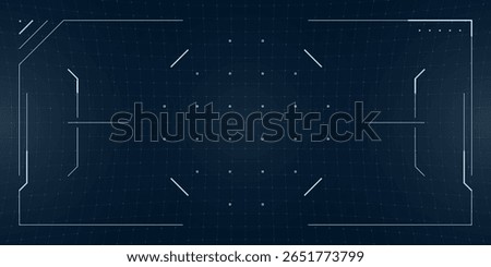 Futuristic game HUD with holographic scope and aim reticle over a VR blueprint. Glowing digital screen displays sci fi radar and grid layout in cyber style.