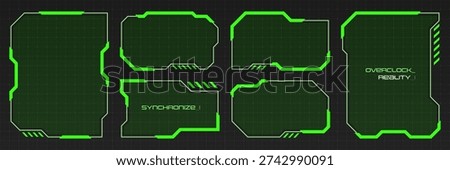 Futuristic game interface frames featuring HUD elements with borders and transparent screens. Cyberpunk tech graphics for digital displays