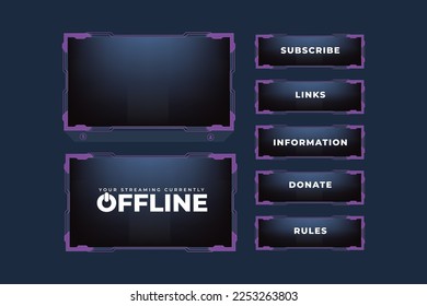 Futuristic gamer screen interface decoration with abstract shapes and purple colors. Modern live-streaming border frame design with subscribe buttons. Special gaming overlay frame vector.