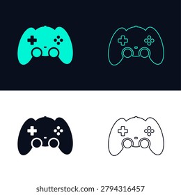 Futuristic gaming controller icon set with neon gamepad outline and solid vector elements