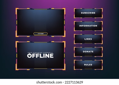 Futuristische Gaming-Overlay-Vorlage. Online-Gaming-Overlay-Design mit Schaltflächen. Broadcast-Screen-Schnittstellendesign mit gelben und violetten Farben. Live-Streaming-Bildschirm, Vektorgrafik auf dunklem Hintergrund.