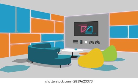 Futuristic gaming room featuring a large TV screen with a console, controllers, bean bag chairs, and a round couch.