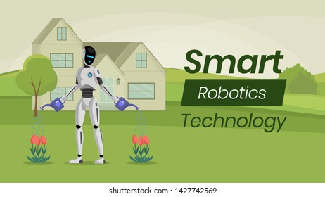 Futuristic gardening flat banner vector template. Humanoid robot, mechanical gardener cartoon character. Smart household helper advertisement, cyborg watering flowers illustration with typography