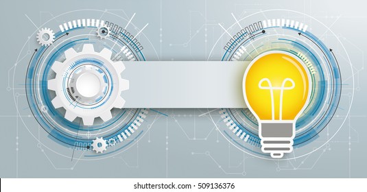 Futuristic gear wheel with bulb and electronic schematicon with banner on the gray background. Eps 10 vector file.