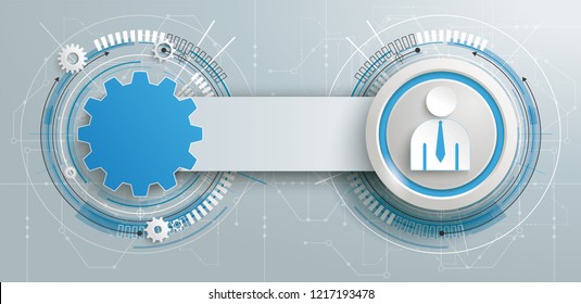 Futuristic gear wheel with businessman and electronic schematicon with banner on the gray background. Eps 10 vector file.