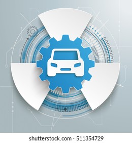 Futuristic gear wheel with car and electronic schematicon on the gray background. Eps 10 vector file.