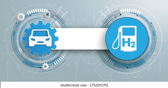 Rueda de engranaje futurista con auto y icono de bomba de gas H2. Archivo vectorial Eps 10.