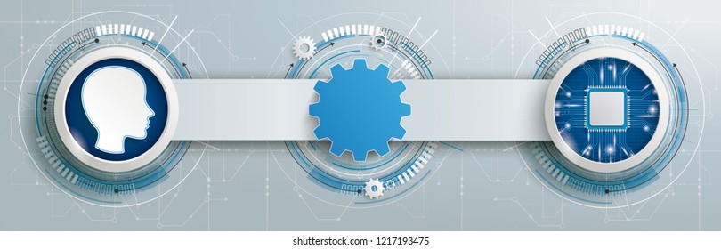 Futuristic gear wheel with human, microchip and electronic schematicon with banner on the gray background. Eps 10 vector file.