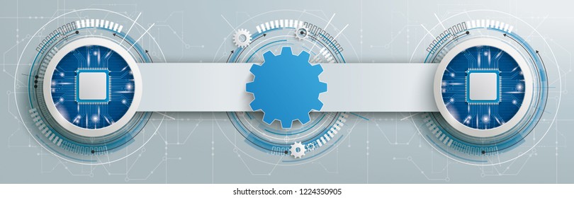 Futuristic gear wheel with microchip and electronic schematicon with banner on the gray background. Eps 10 vector file.