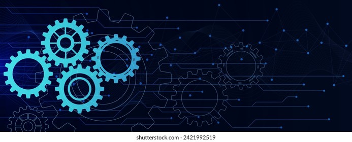 Futuristic gear wheel with wave flow, connecting dots and lines. Digital engineering, network connection and telecoms concept background. Vector illustration.