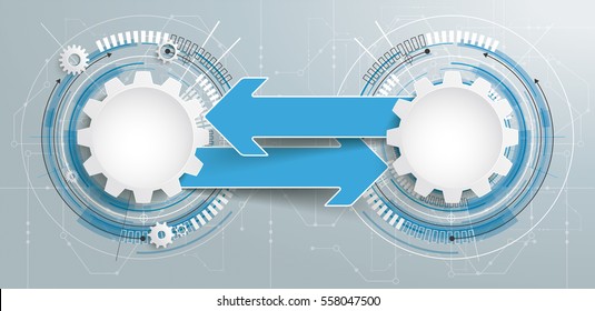 Futuristic gear wheels with and arrows electronic schematicon with banner on the gray background. Eps 10 vector file.