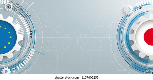 Futuristic gear wheels and electronic schematicon with the Flags of EU and Japan on the gray background. Eps 10 vector file.
