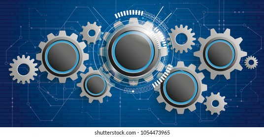 Futuristic gear wheels with shadows on the circuit board with bits. Eps 10 vector file.
