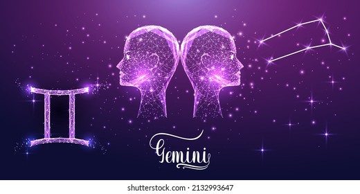 Futuristic Gemini zodiac sign on dark purple background. Glowing low polygonal design vector. 