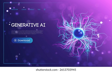 Futuristic generative ai technology background with glowing abstract neural network, blue energy sphere, and vibrant electric light trails data flow on a purple gradient background with UI elements.