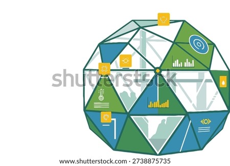A futuristic geodesic structure representing a smart farm, adorned with IoT sensors and icons for monitoring environmental conditions.