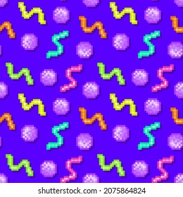 Futuristic geometric 80s, 90s style pixel art seamless pattern. 8 bit purple background with multicolor zigzags and spheres. Crazy psychedelic print. Wrapping paper, textile, interior fabric design.