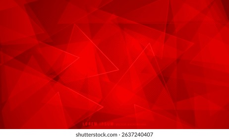 Futuristic geometric abstract background with translucent red triangles arranged in dynamic, overlapping composition with halftone dot patterns. Vector illustration