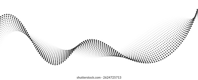 Futuristic geometric abstract shapes halftone, smooth wavy dotted lines gradient curved stripes. Abstract digital wave particles. Vector modern background for equalizer, audio recording.